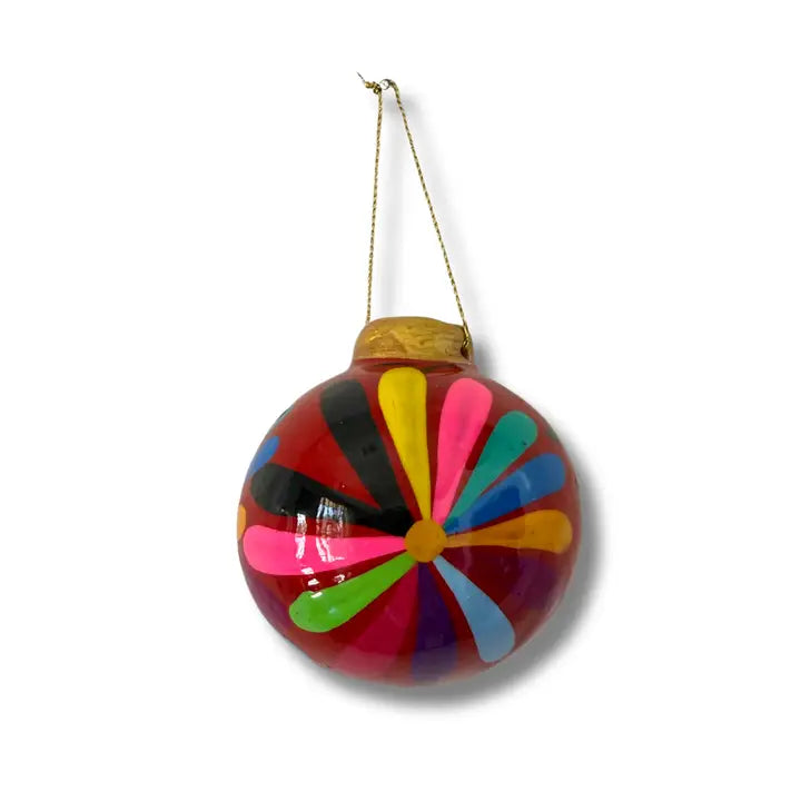 Hand-Painted Ceramic Colorful Sphere Boho Flower Ornament - Mexico