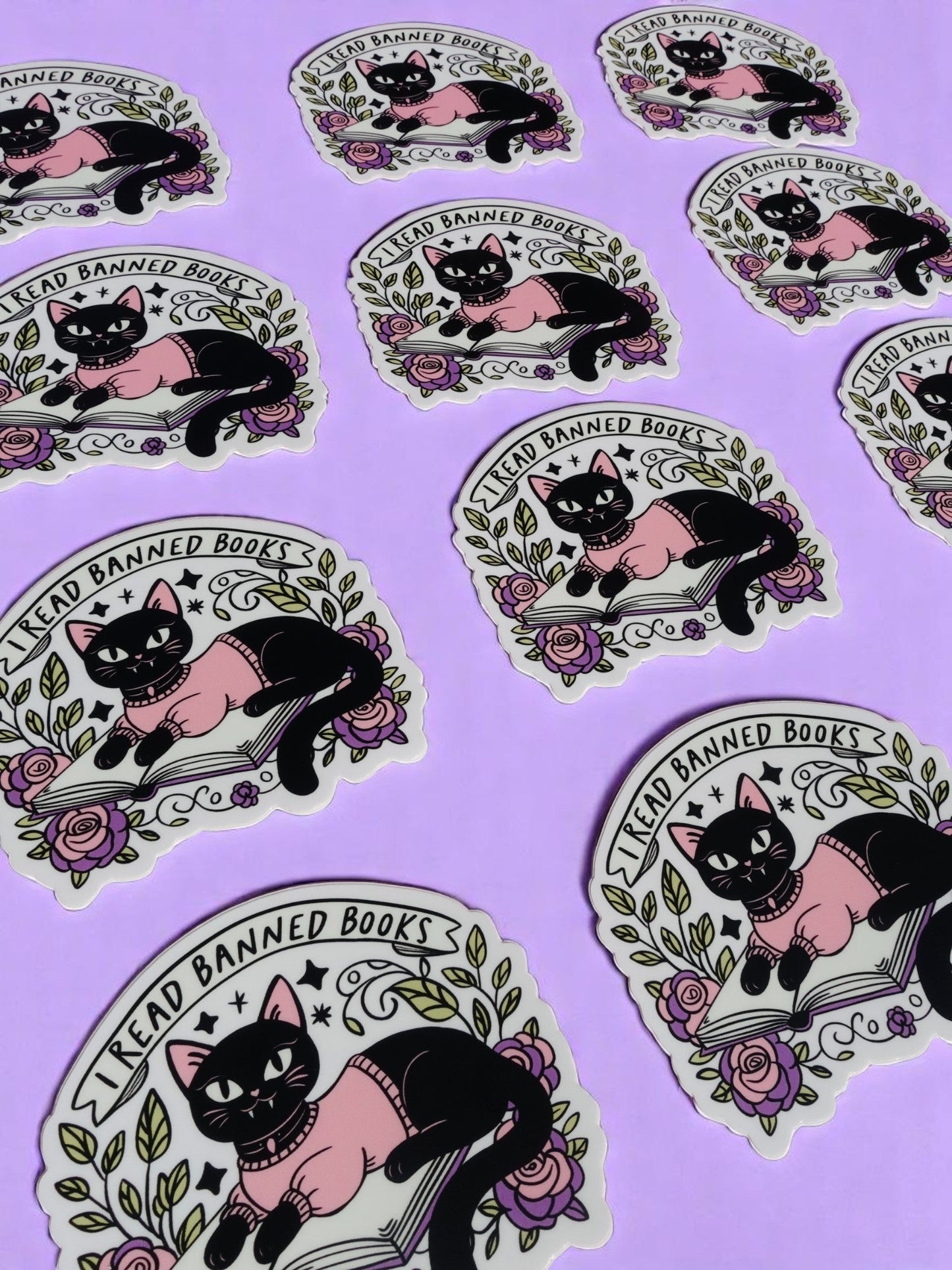 I Read Banned Books Sticker – Black Cat Reading Vinyl Decal – Feminist Book Lover Waterproof