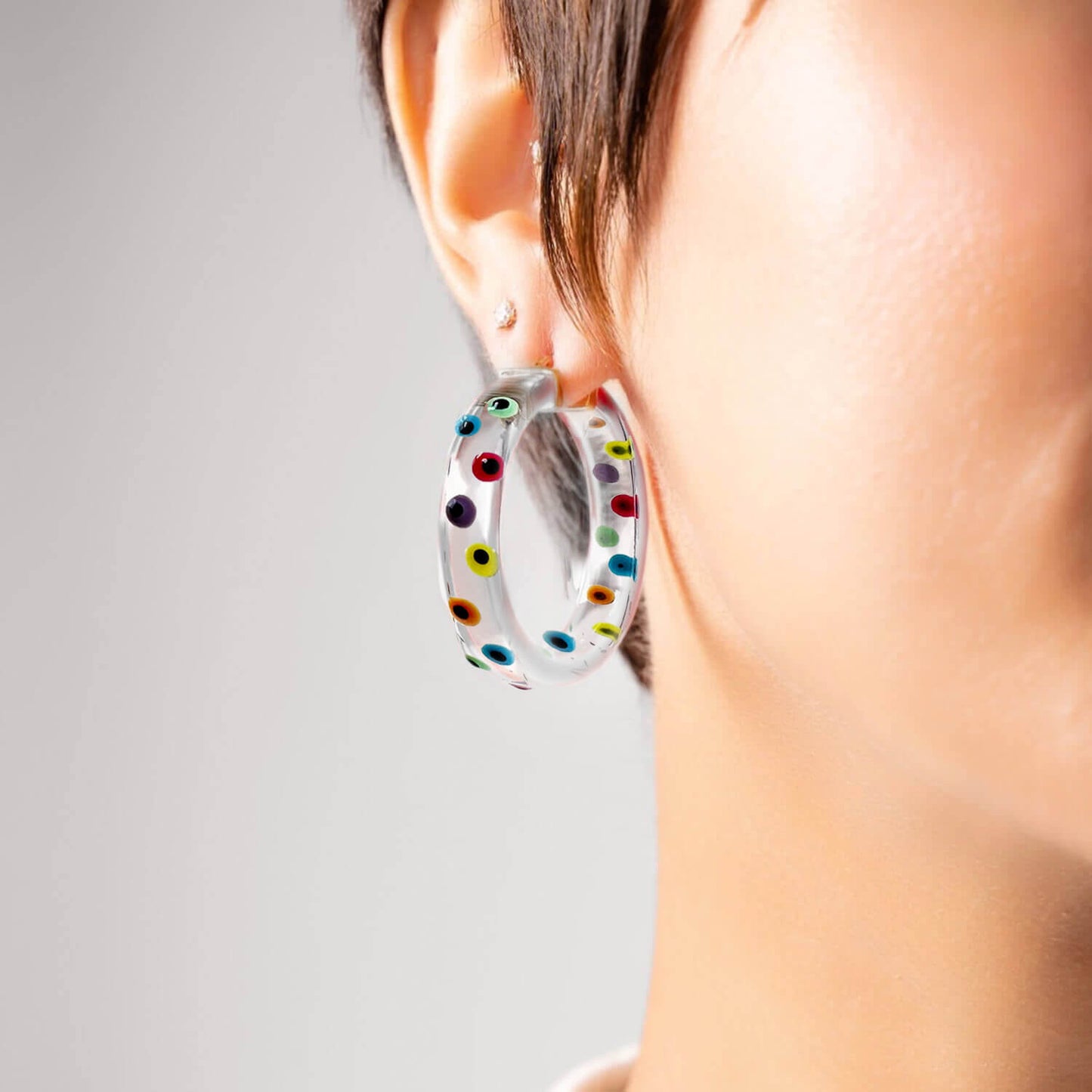 Flat Lucite Hoop Earrings with Rainbow Evil Eye