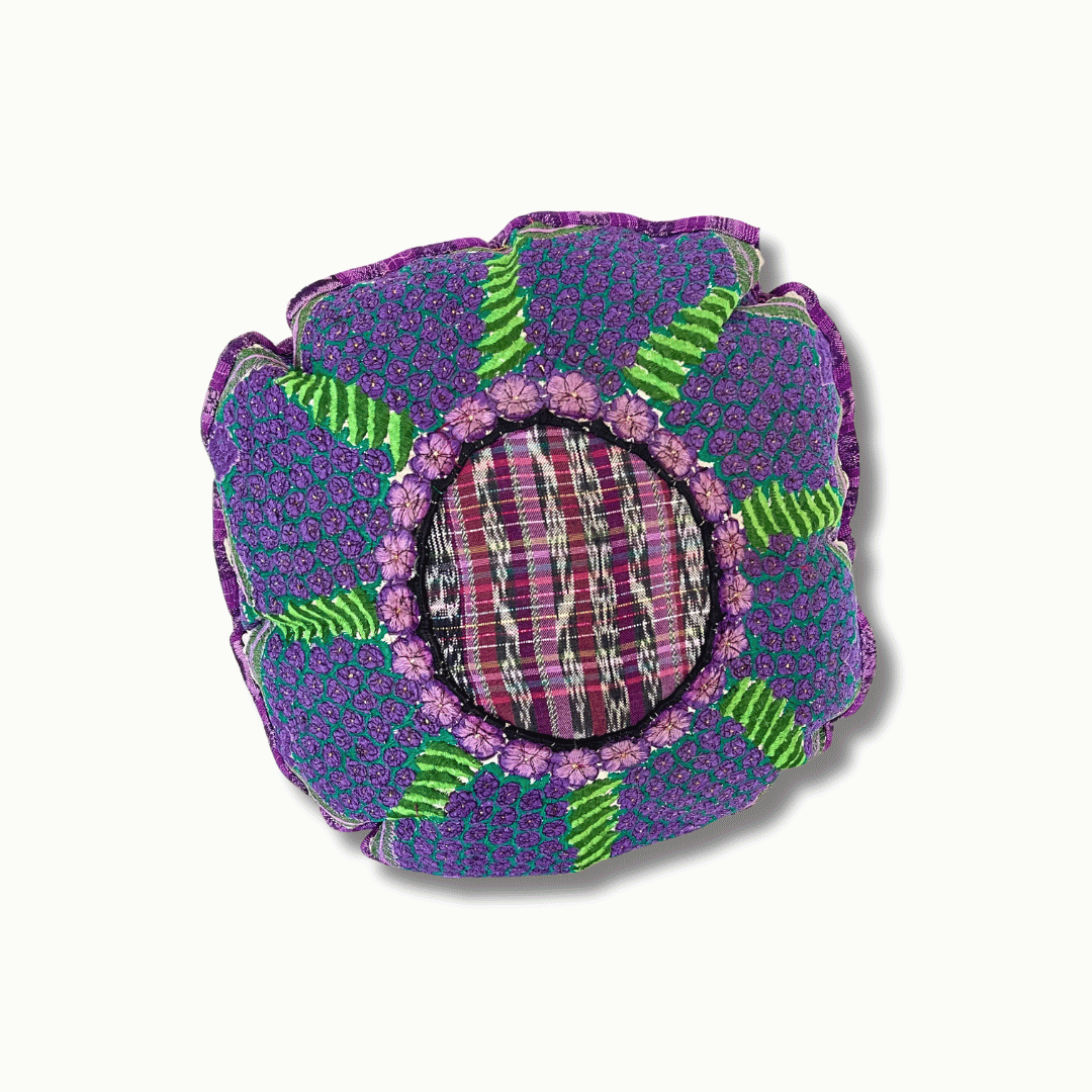 Up-cycled Moon Floral Huipil One-of-a-Kind Round Boho Pillow Cover - Guatemala