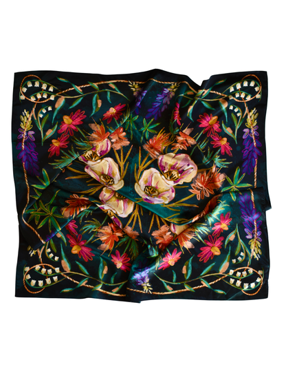 Large 100% Mulberry Silk 35x35: Vivid Wildflowers Western Cowgirl Wild Rag Scarf