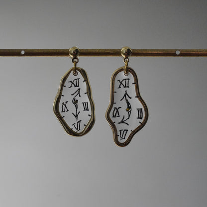 Melting Dali Clock Earrings |Hand-painted Gold and Silver Dali's Soft Watches | Resin Modern Art Earrings