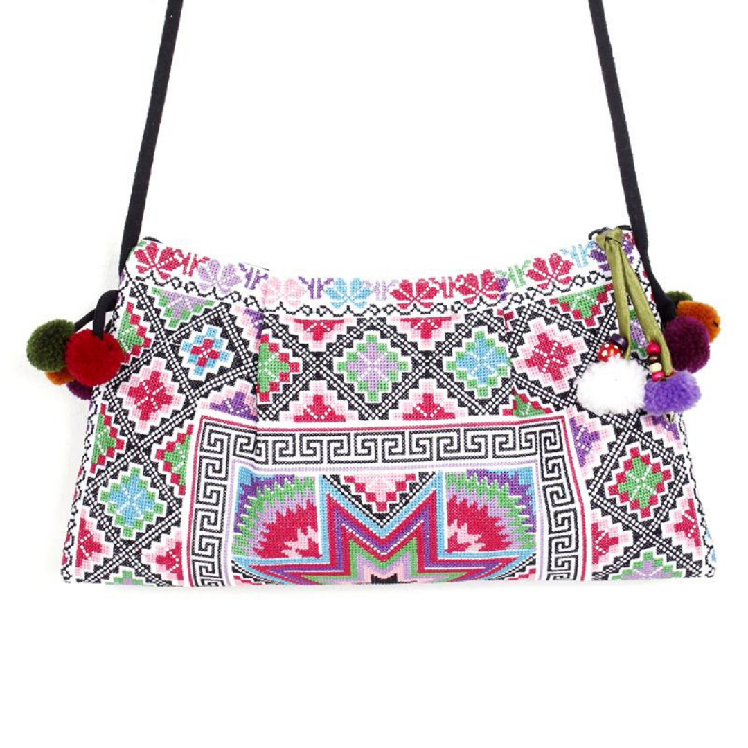 Crossbody Embroidered Hmong Floral Geometric Bag - Thailand