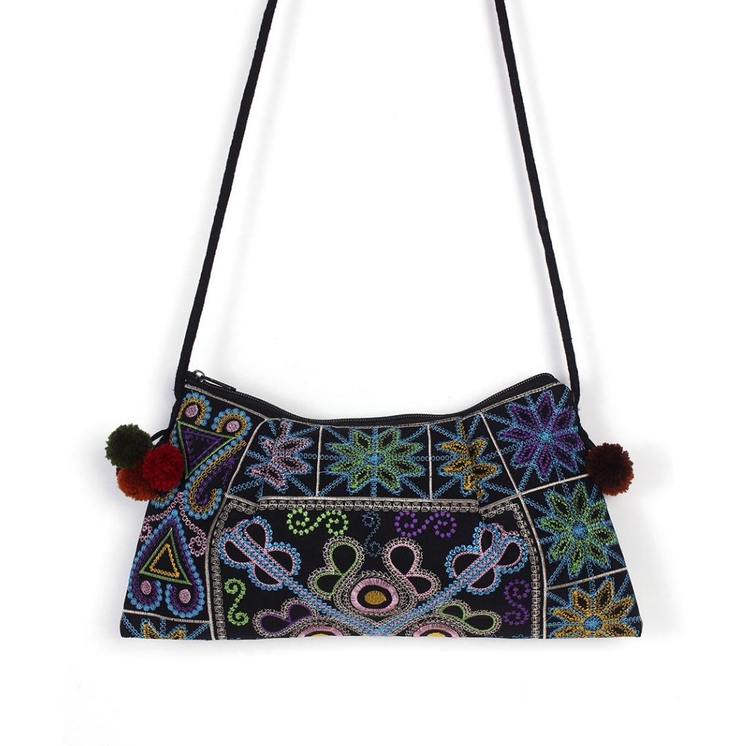 Crossbody Embroidered Hmong Floral Geometric Bag - Thailand
