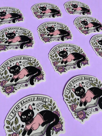I Read Banned Books Sticker – Black Cat Reading Vinyl Decal – Feminist Book Lover Waterproof