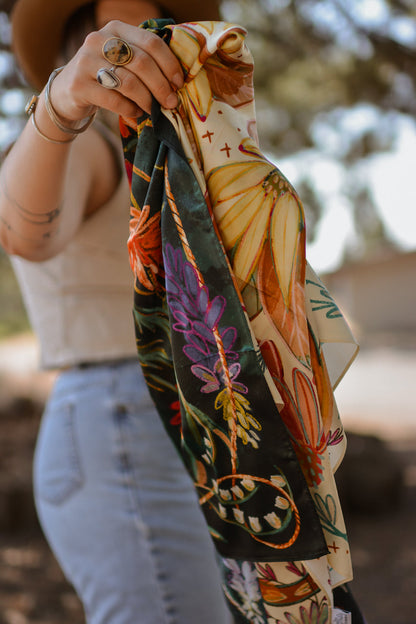 Large 100% Mulberry Silk 35x35: Vivid Wildflowers Western Cowgirl Wild Rag Scarf