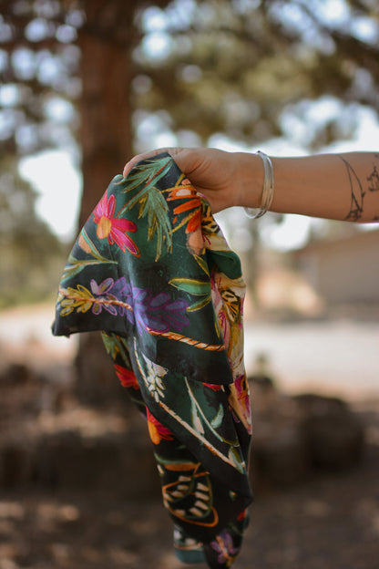 Large 100% Mulberry Silk 35x35: Vivid Wildflowers Western Cowgirl Wild Rag Scarf