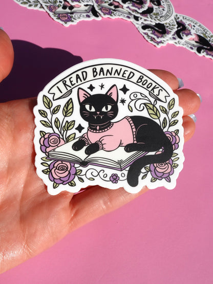 I Read Banned Books Sticker – Black Cat Reading Vinyl Decal – Feminist Book Lover Waterproof