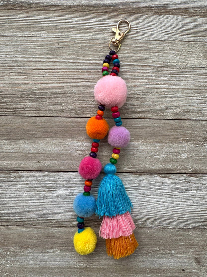 Colorful Beaded Pom Pom Tassel Keychain / Bag Charm