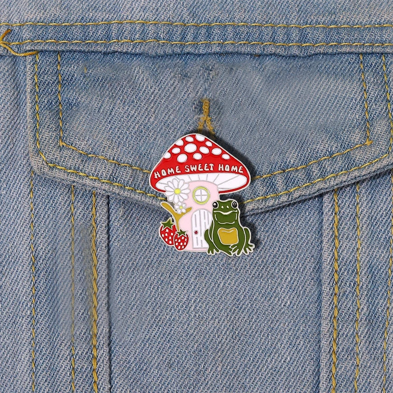 Strawberry Frog Enamel Pins Red Mushroom House Brooch Cute Lapel Jewelry Gift