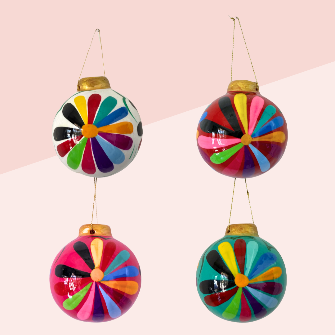 Hand-Painted Ceramic Colorful Sphere Boho Flower Ornament - Mexico