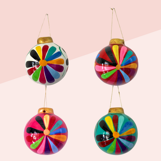 Hand-Painted Ceramic Colorful Sphere Boho Flower Ornament - Mexico