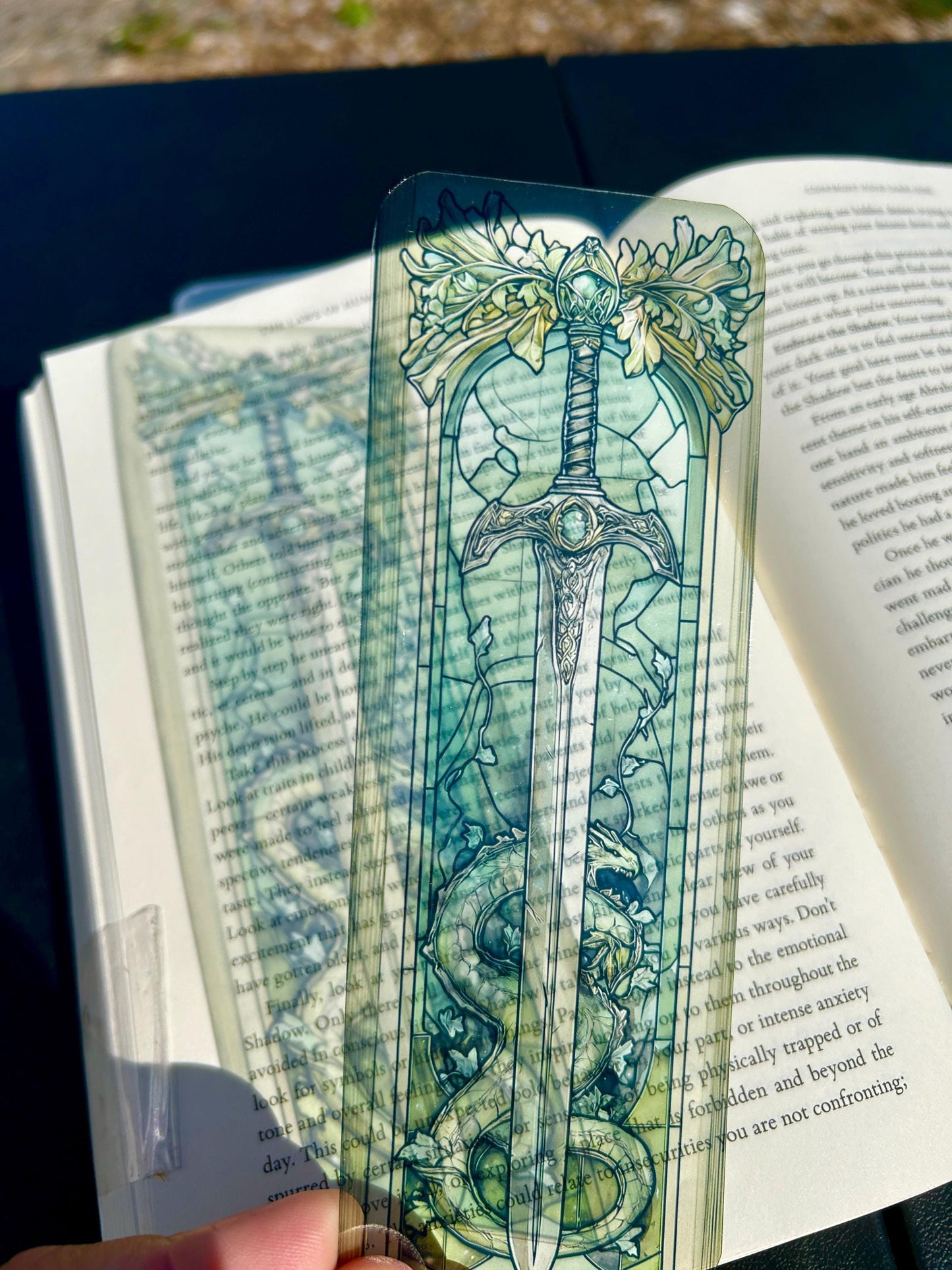 Fantasy Sword & Dragon Bookmark,Stained Glass Medieval Design in Emerald Tones, Epic Gift for Fantasy Readers, Medieval Bookmark