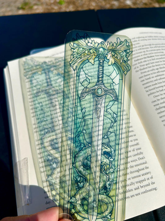 Fantasy Sword & Dragon Bookmark,Stained Glass Medieval Design in Emerald Tones, Epic Gift for Fantasy Readers, Medieval Bookmark