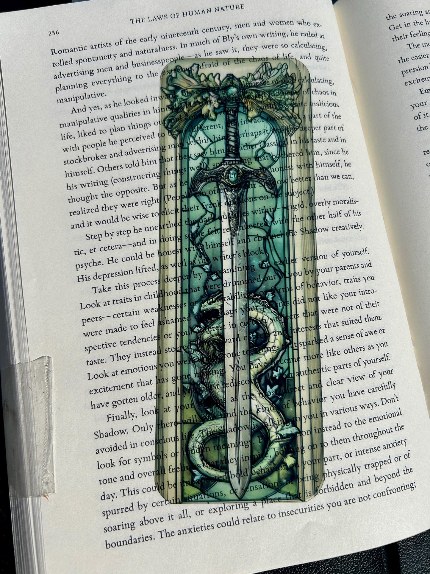 Fantasy Sword & Dragon Bookmark,Stained Glass Medieval Design in Emerald Tones, Epic Gift for Fantasy Readers, Medieval Bookmark