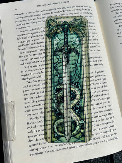 Fantasy Sword & Dragon Bookmark,Stained Glass Medieval Design in Emerald Tones, Epic Gift for Fantasy Readers, Medieval Bookmark
