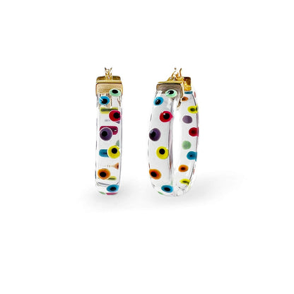 Flat Lucite Hoop Earrings with Rainbow Evil Eye