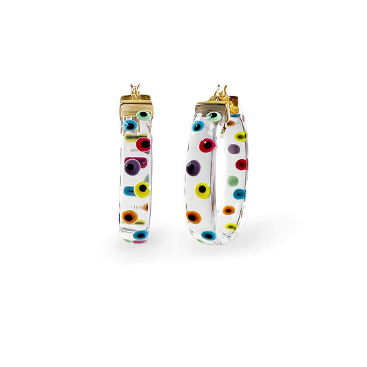 Flat Lucite Hoop Earrings with Rainbow Evil Eye
