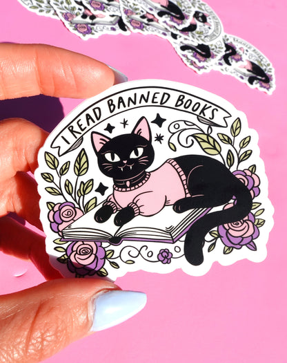 I Read Banned Books Sticker – Black Cat Reading Vinyl Decal – Feminist Book Lover Waterproof