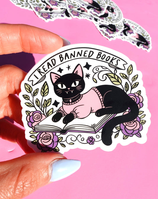 I Read Banned Books Sticker – Black Cat Reading Vinyl Decal – Feminist Book Lover Waterproof