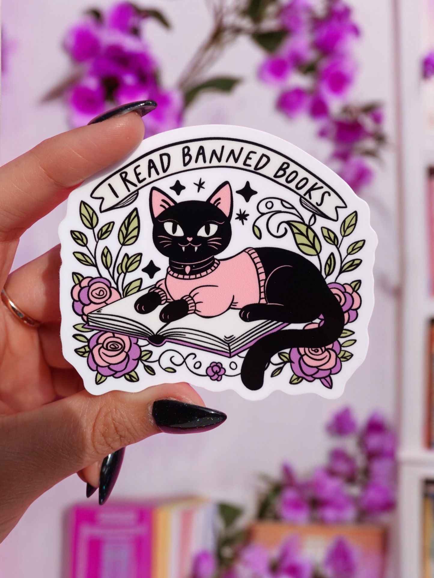 I Read Banned Books Sticker – Black Cat Reading Vinyl Decal – Feminist Book Lover Waterproof
