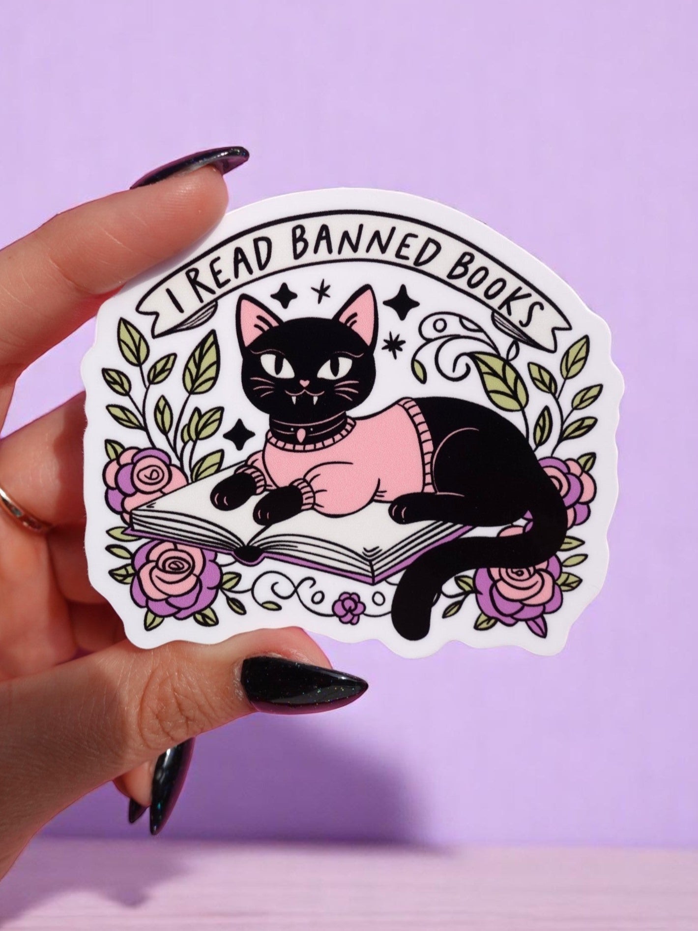 I Read Banned Books Sticker – Black Cat Reading Vinyl Decal – Feminist Book Lover Waterproof