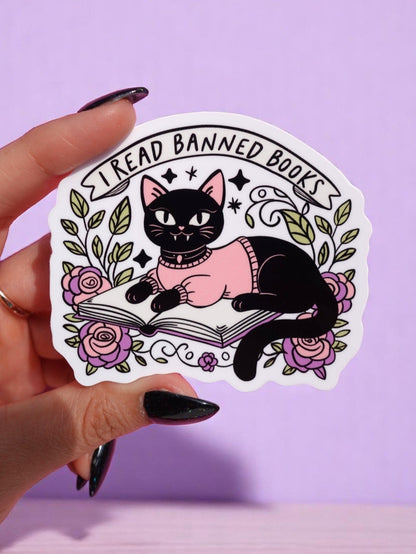I Read Banned Books Sticker – Black Cat Reading Vinyl Decal – Feminist Book Lover Waterproof